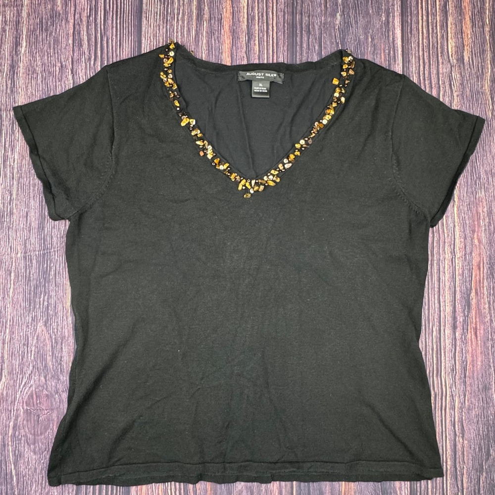 August Silk Knit Top XL Silk Blend Beaded Boho Chic V-Neck Short Sleeve Sweater